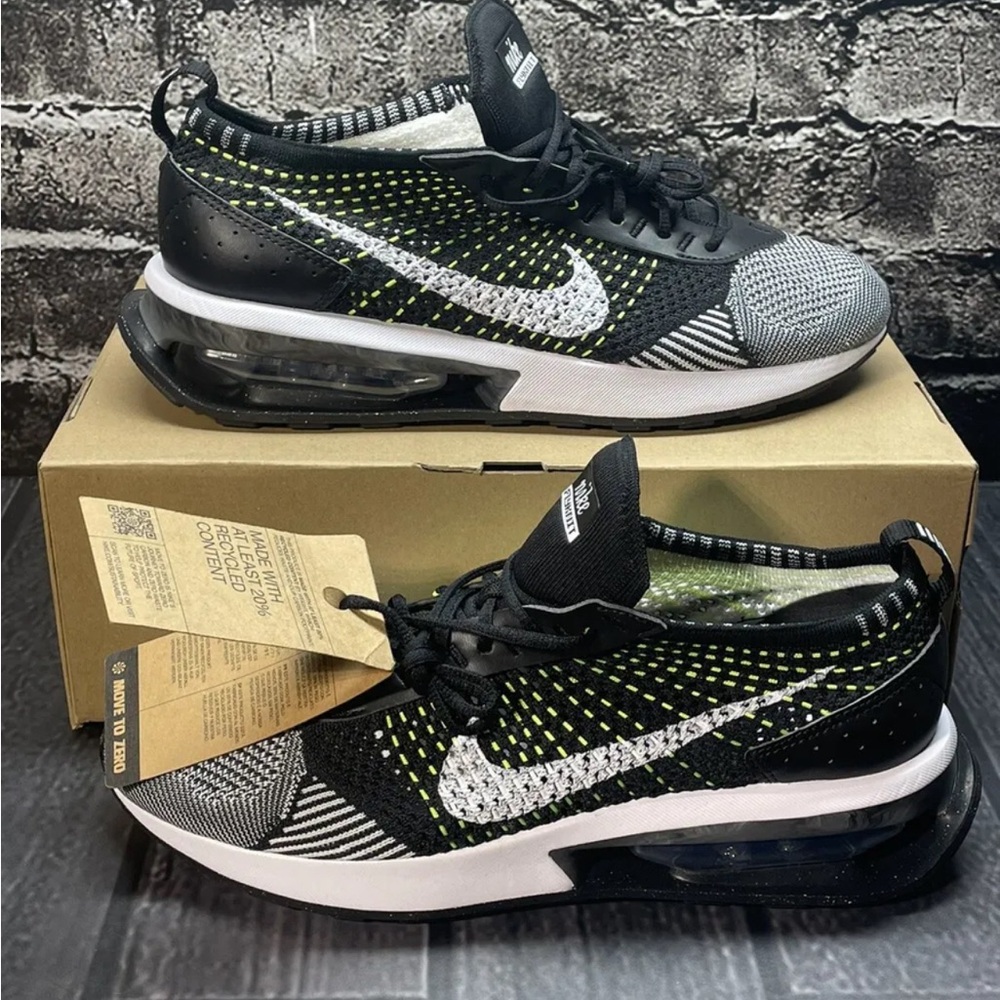 Air Max Flyknit Racer Black White Volt Shoes DM9073-002 Womens 10 Mens 8.5 Nike